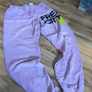 freecity Lavender Sweatpants with Black Logo and Neon Yellow Accent